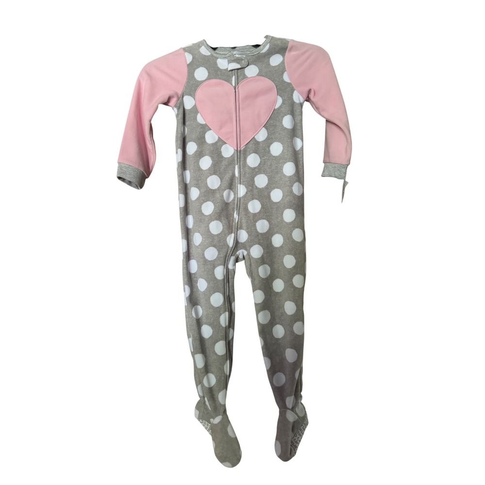 Carters Girls 4T Fleece Footed Pajamas Gray Pink Polka Dot Heart Sleeper NWT